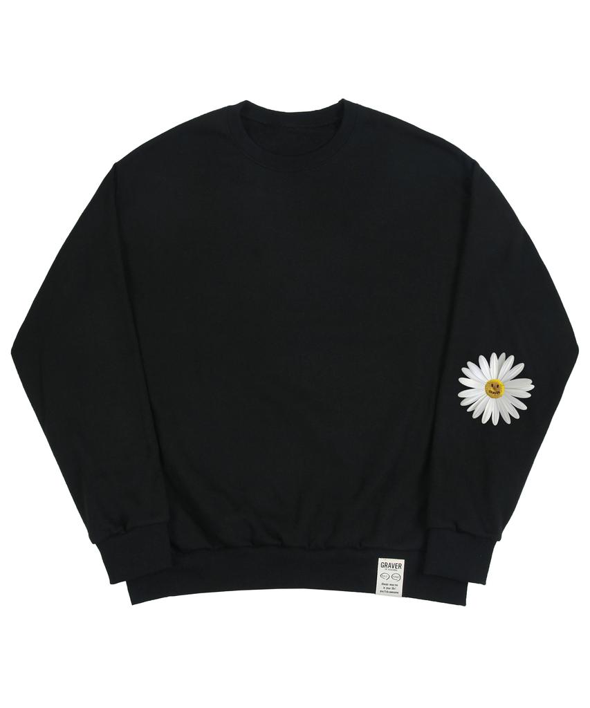 GRAVER [Unisex] Elbow Daisy Flower Sweatshirt_Black