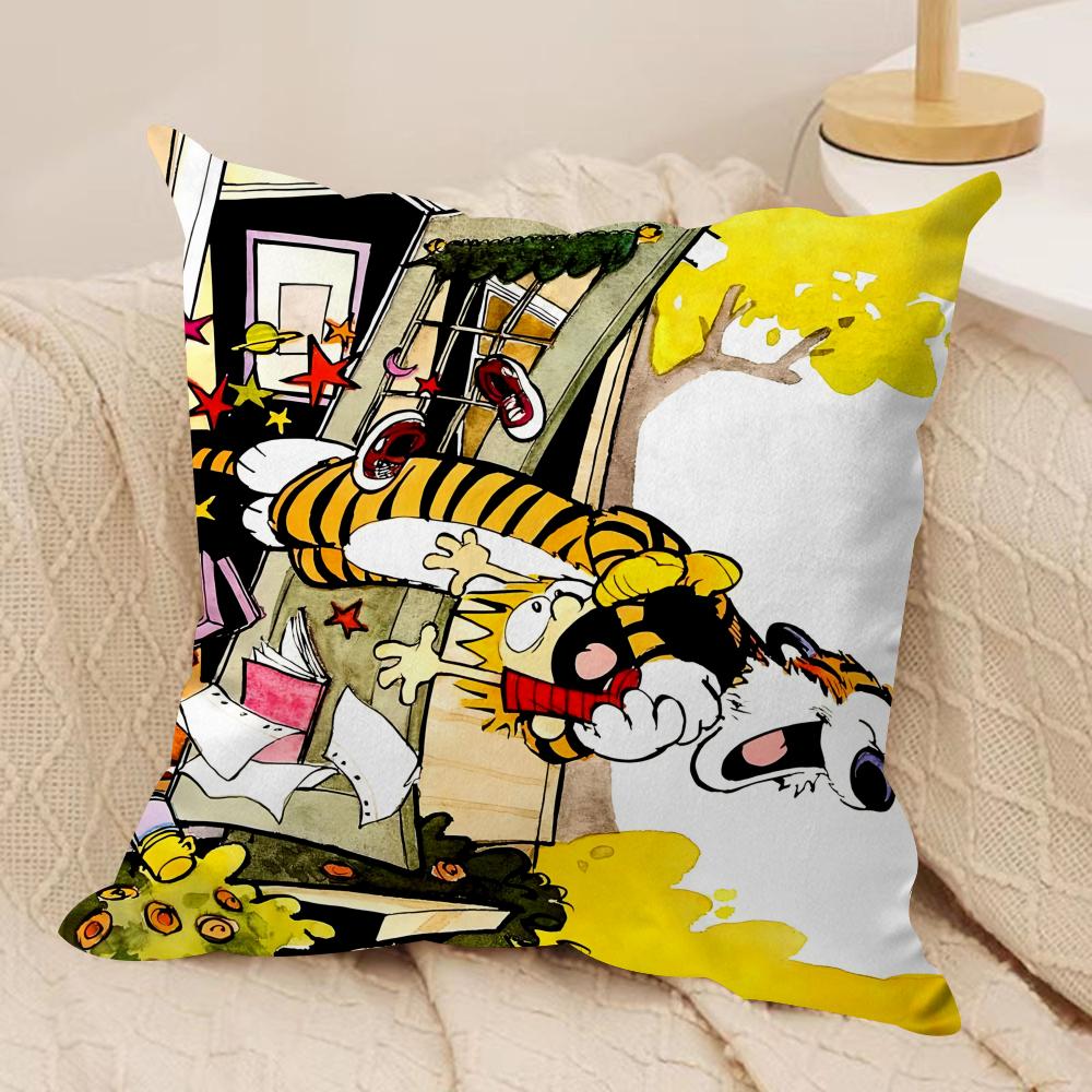 Cartoon CCalvin Hobbes Cute Cushion Cover Silky Short Plush Invisible Zipper Dustproof Sofa Pillow Case For Home Decor