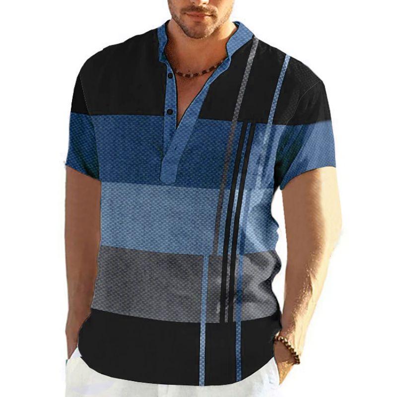 Color Block Striped 3D Print Henley Shirts Men's Fashion Vintage Button Stand Collar Short Sleeve T Shirt Tees Tops Man Clothing