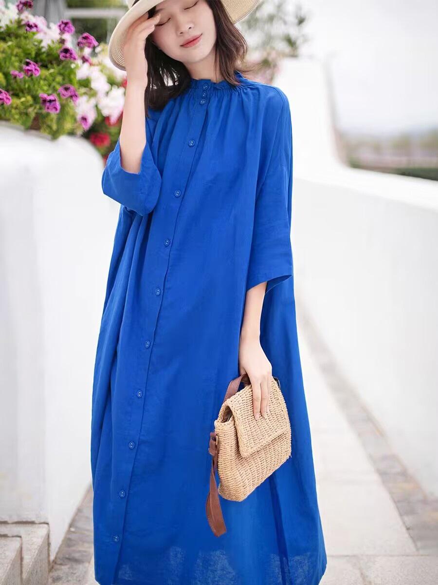 

Однотонное хлопково-льняное темпераментное платье женское 2025 лето новое стойка воротник рукав пять четвертей простое средней длины M синий