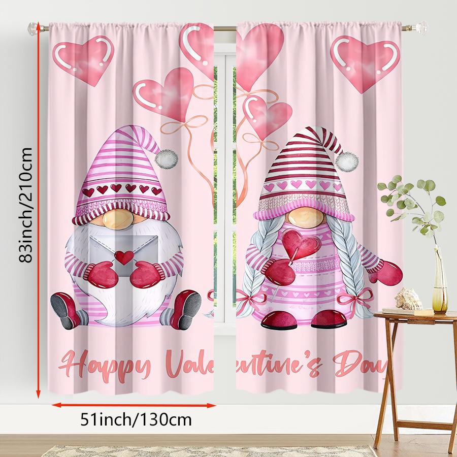 2PCS Pink Love Gnome Valentine's Day Curtains   Sweet Element Style   Bedroom and Living Room   Drawbar Pocket Decoration