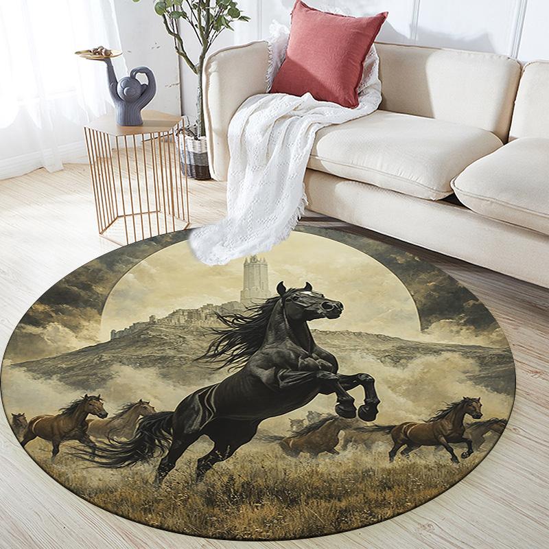 Black Horse Round Area Rug,Carpet Rug for Living Room Bedroom Sofa Playroom Decor,Non-slip Floor Mat