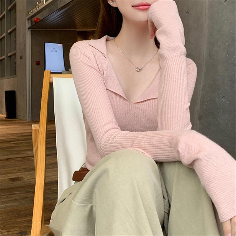 Polo Lapel Knitted Inner Sweater Women's Autumn and Winter New Slim and Thin Versatile Long-sleeved Bottoming Shirt Top