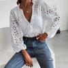 2026 New V Neck Long Sleeve Hollow Out Lace Shirt Fashion Women Office Lady Stand Collar Ruffle Blouse New Loose Elegant Sweet Solid Color Top