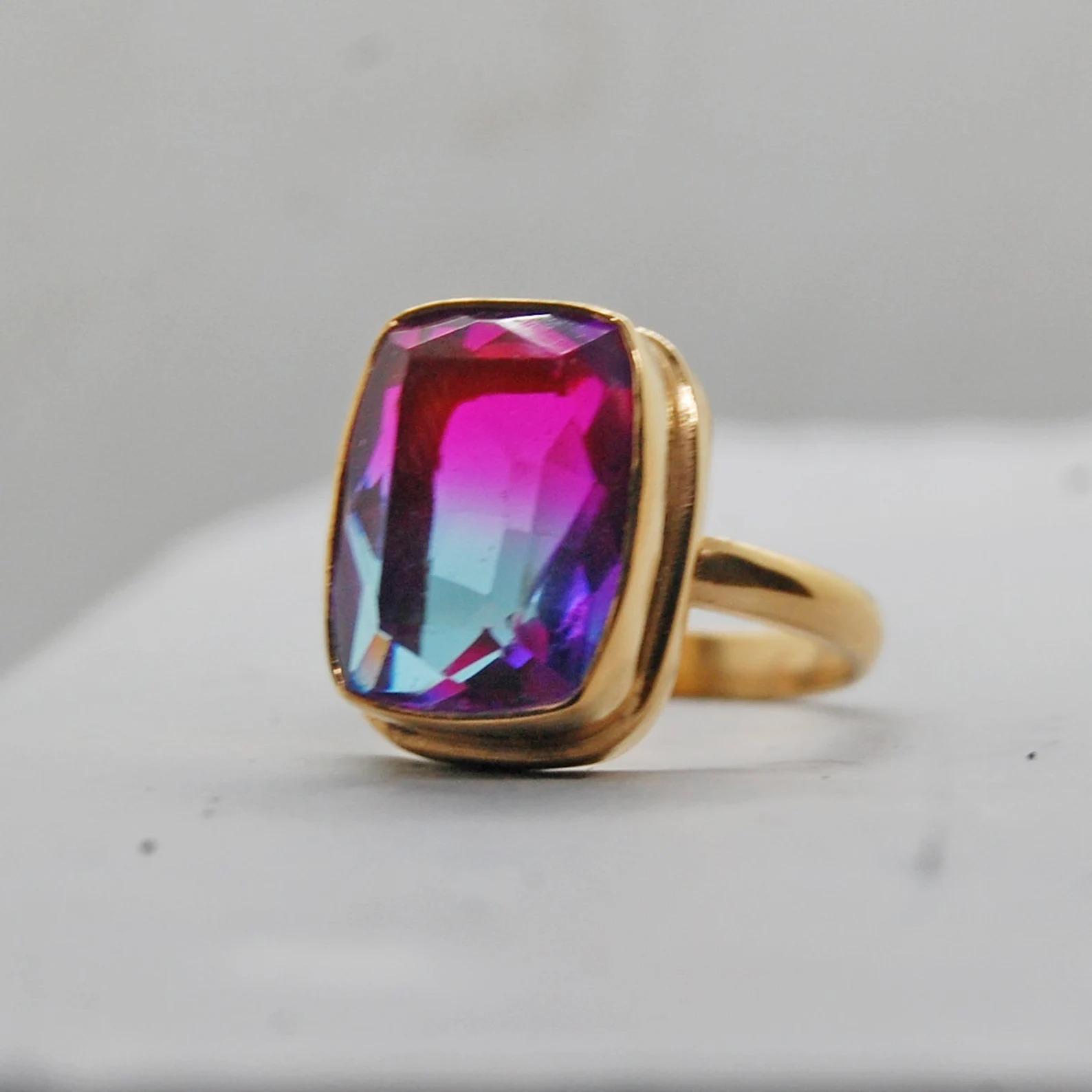 

Cushion Cut Bi Color Blue Pink Tourmaline Sterling Silver Yellow Gold Overlay Ring 6