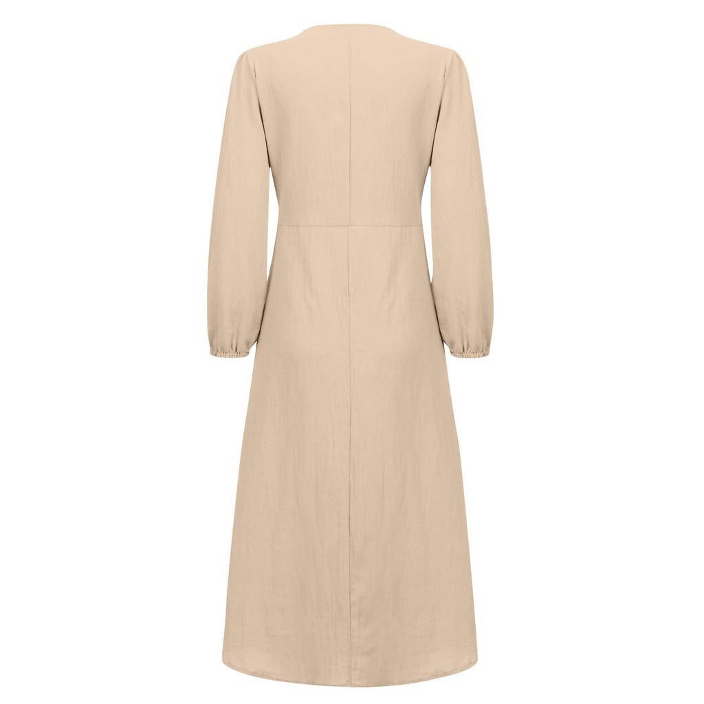 Women’s Long Sleeve V Neck Maxi Dress with Pockets Button Down Loose Fit Tiered Skirt Casual Style
