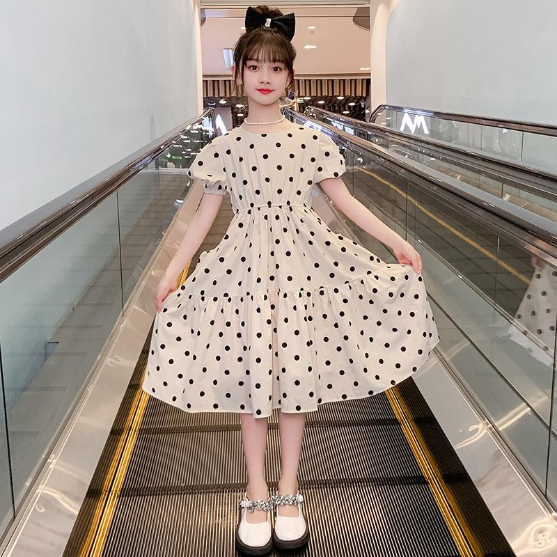 Sommerrock für Mädchen mit Polka Dots, Langrock mit Polka Dots aus reiner Baumwolle, Prinzessinnenrock aus reiner Baumwolle, Kinder-Temperamentrock mit Puffärmeln