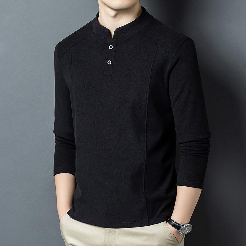 Spring Autumn Stand Collar Casual Fashion Bottomed T-shirt Male Long Sleeve Solid Color Tee Pullover Top Men