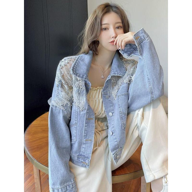 Internet Celebrity Beads Rhinestones Denim Outwear Female Spring & Fall 2024 Loose Slim Looking Fashion Wind Mesh Jacket Tops Tide