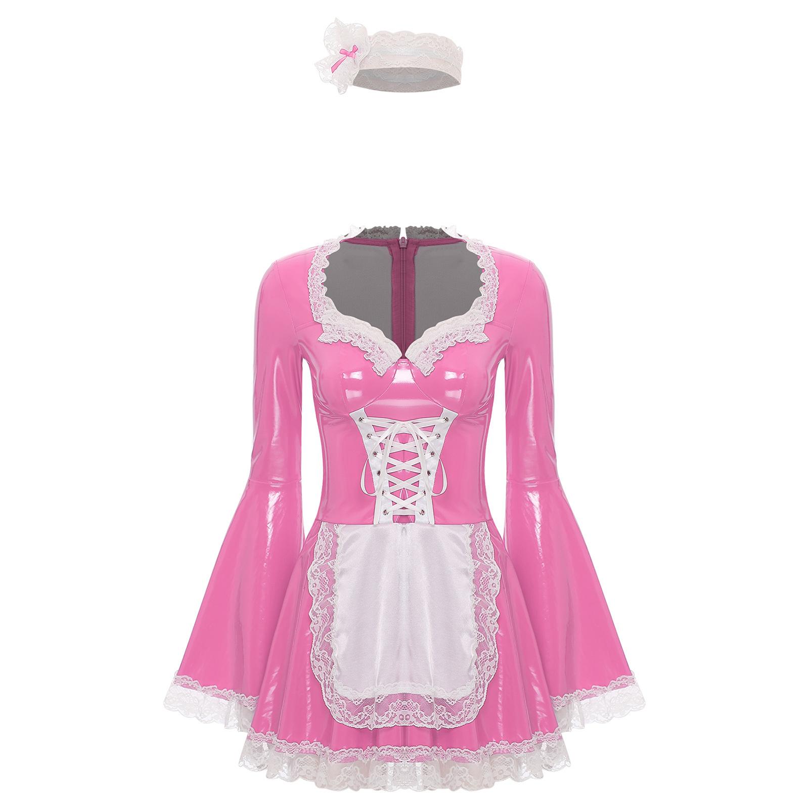 

Жіночий костюм покоївки з ПУ шкіри, з V-подібним вирізом, довгими рукавами, мереживною обробкою, сукня в стилі корсету, шнурівка ззаду, костюм для рольових ігор на Хелловін S рожевий