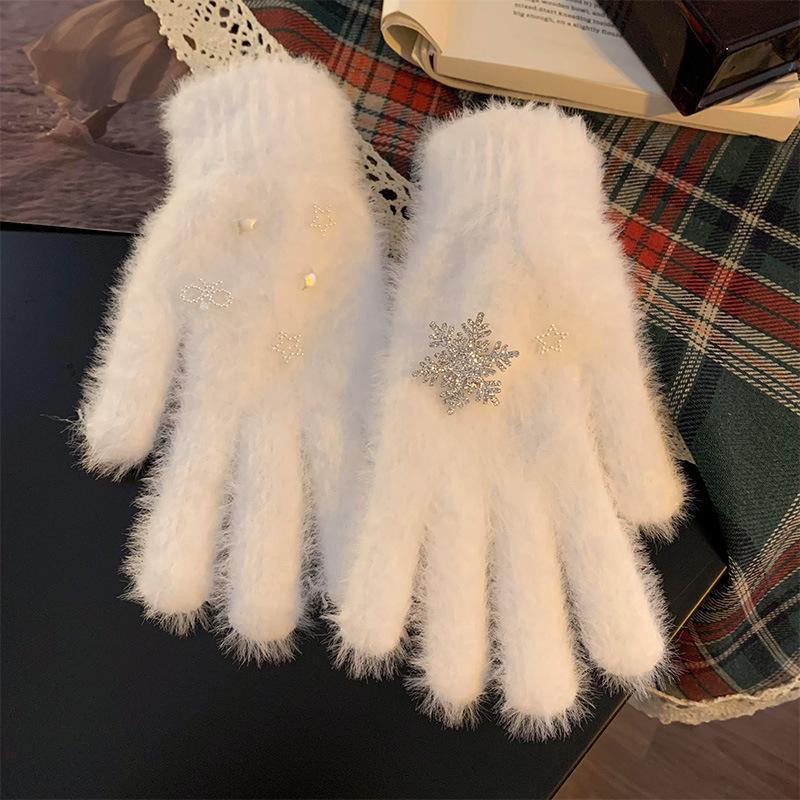 White Snowflake Knitted Wool Gloves for Women In Winter Warmth and Thick Hairy Students Riding Bicycles To Prevent Cold and Wind Break Fingers
