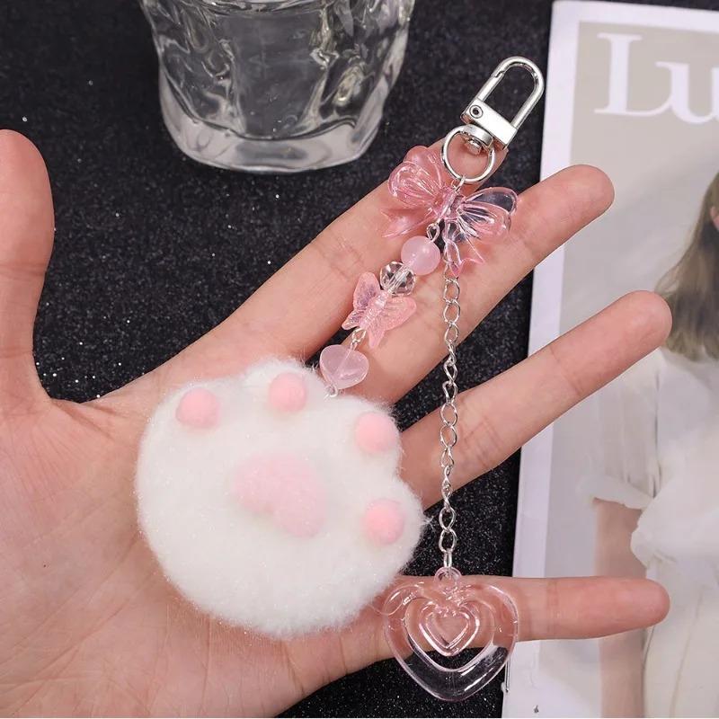 Korean Cute Plush Cartoon Cat Claw Keychain Soft Pink Key Ring Pendant Backpack Car Pendant Decoration Keyholder Lolita Girls