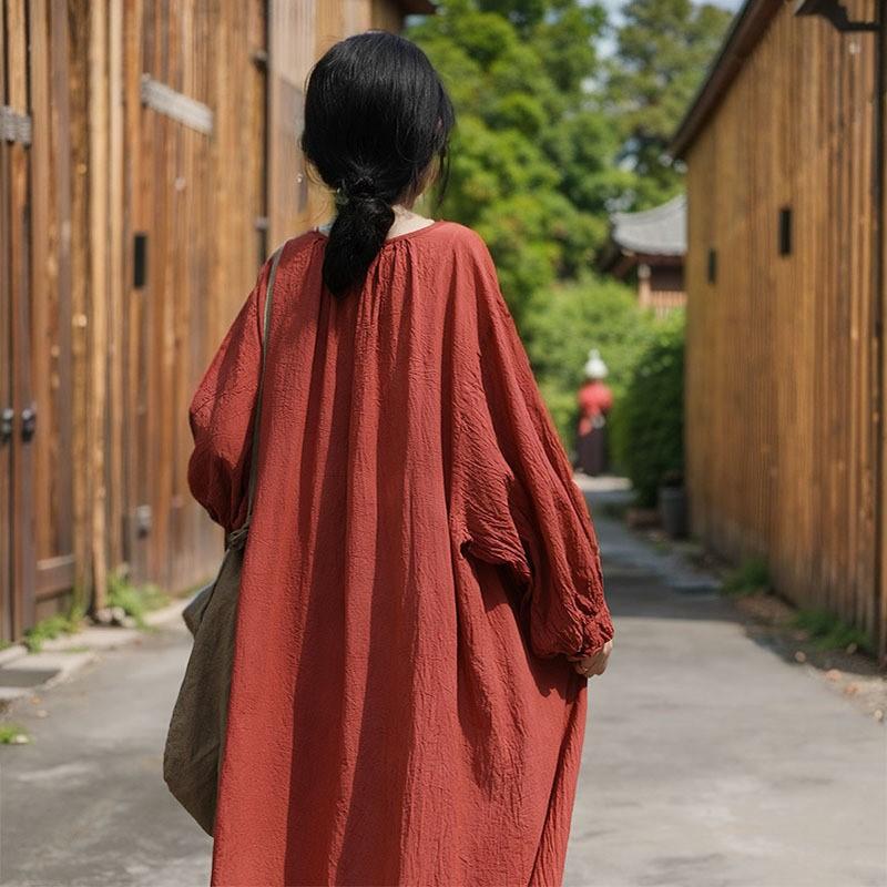 Johnature Dámské Vintage červené šaty s výstřihem do O, sedm rukávů Jarní róby Jarní volné Dámské bavlněné šaty v čínském stylu A
