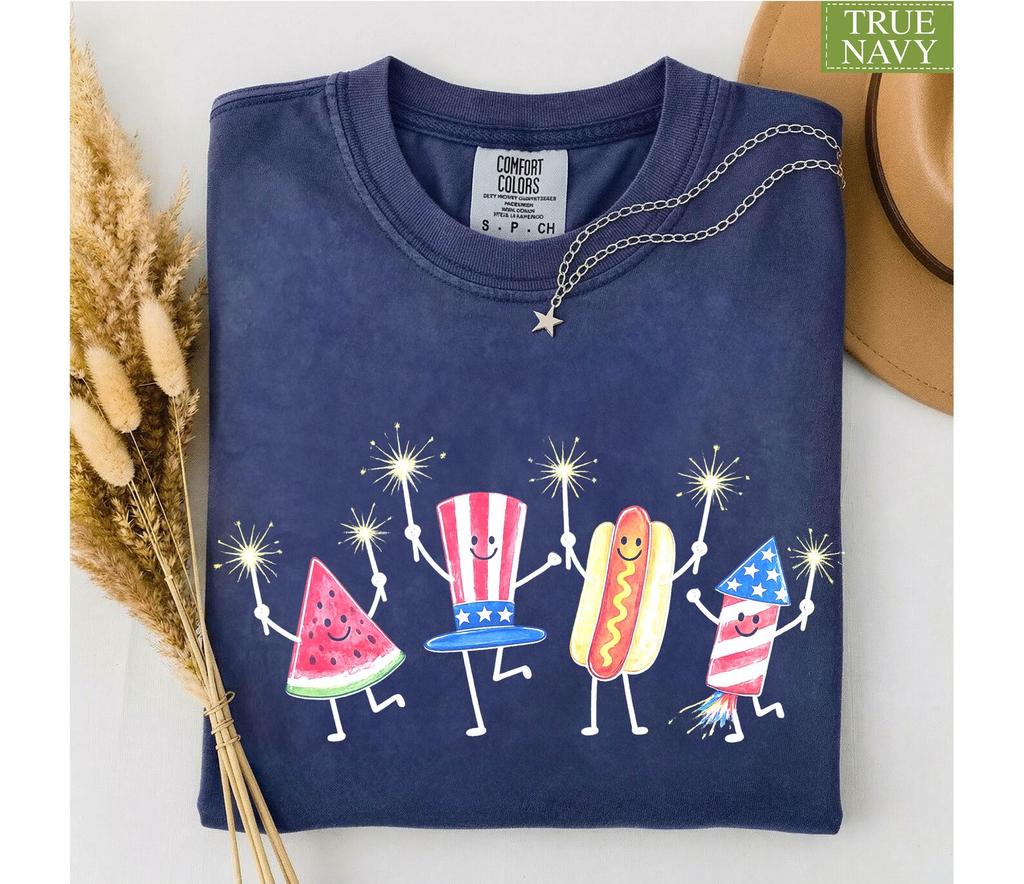Comfort Colors® July 4th 250th Fireworks Shirt, Patriotic Cute Doodle Fourth of July T-Shirt, Funny Summer Tee