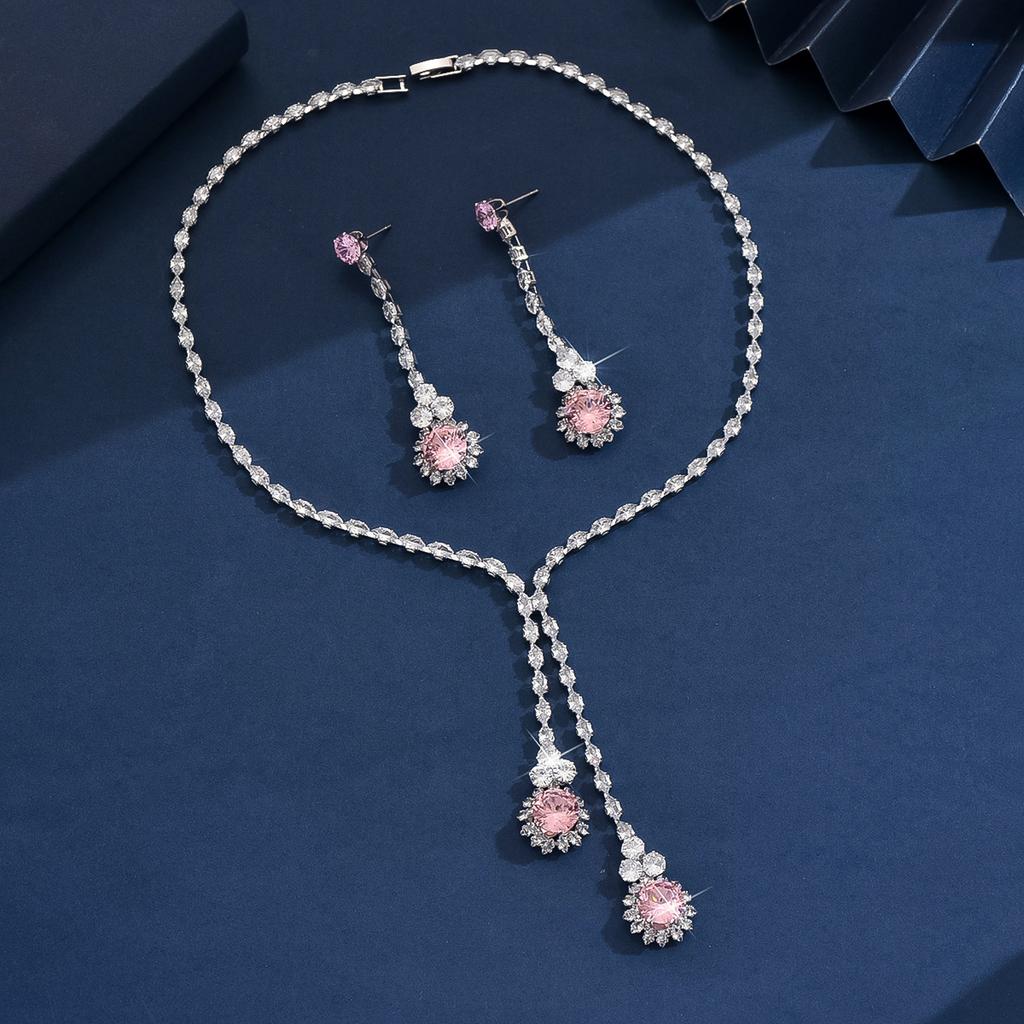 3PC Women's Fashion Zircon Series Pink Flower Necklace Earrings Zircon Set Suitable for Wedding, Party, Festival Gifts-8582