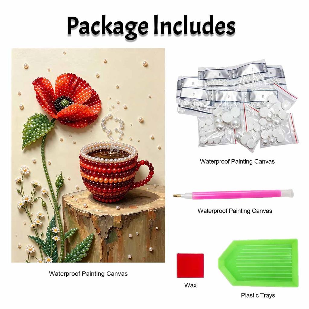 Elegant Framed Pearl Art DIY Set with Poppy Coffee Cup 5D Sparkling Bead Canvas Painting Ready to Display Romantic Home Decor Art Gift