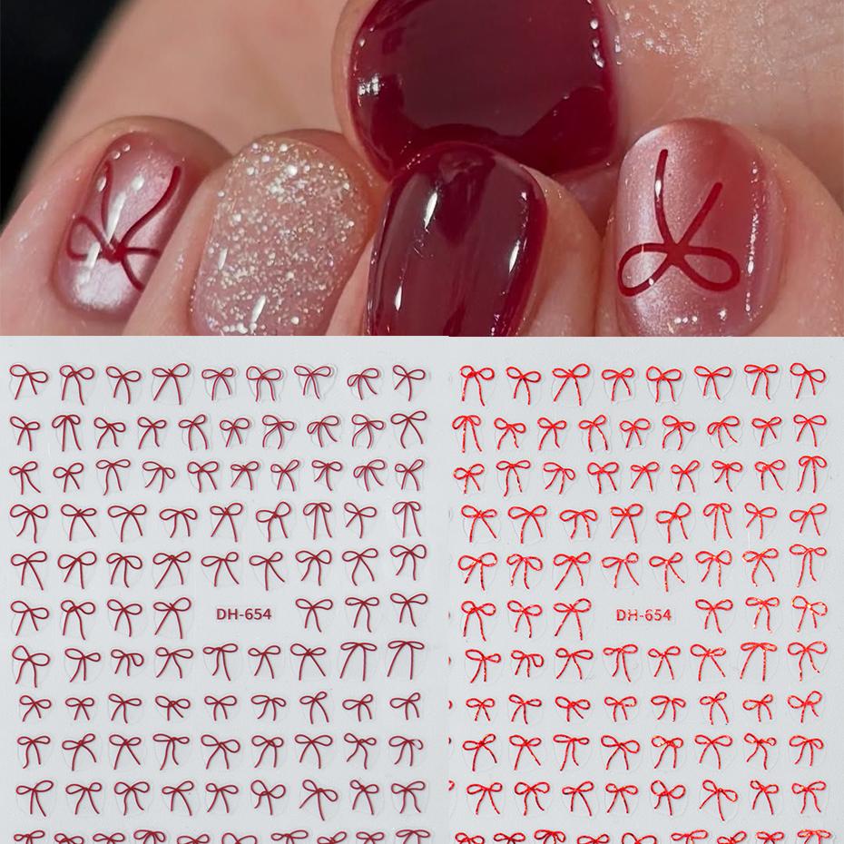 Valentine'S Day 3D Bow Nail Stickers French Minimalist Red Bowknot Designs Self-Adhesive Decals For Diy Nail Decor Itemations