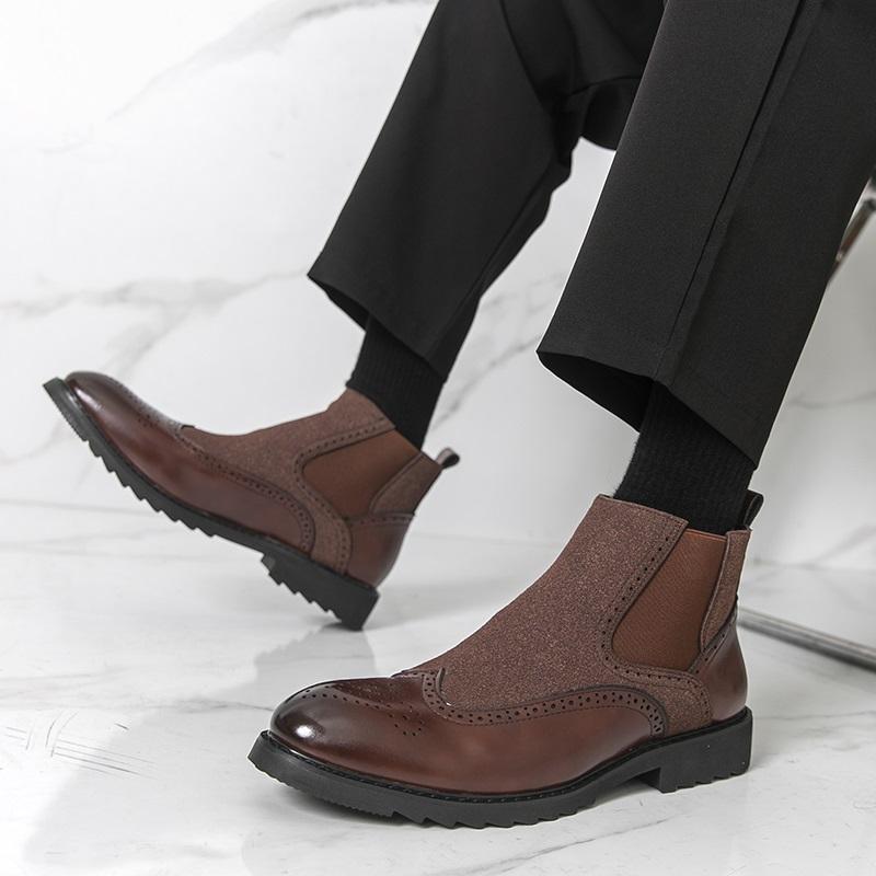 Fashion Designer New Men's Pointed Patchwork Patent Leather Casual Brogues Ankle Boot Male Winter Brown Black High Tops Shoes