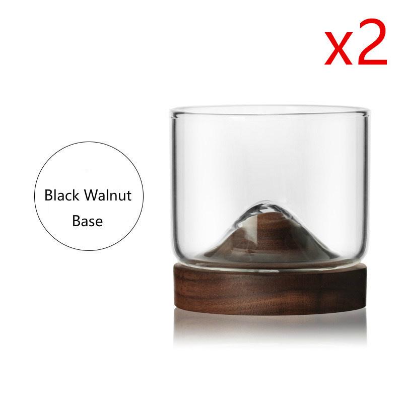 2 Pcs Mountain Whiskey Glasses With Wood Base Japanese Vintage Glassware Wine Tumbler Wooden Coaster XO Whisky Cup Dropshipping