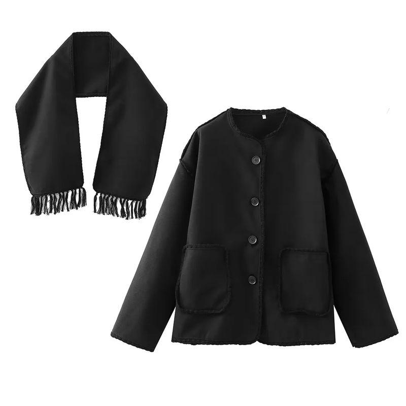 

Autumn and Winter New Fashion Loose round Neck with Scarf French style Graceful Temperament Contrast Color Trim Woolen Jacket Black black edge L