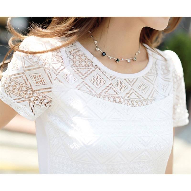 Women's Summer Hollow Embroidery Lace Elegant Tops Short Sleeve Commuter Shirt