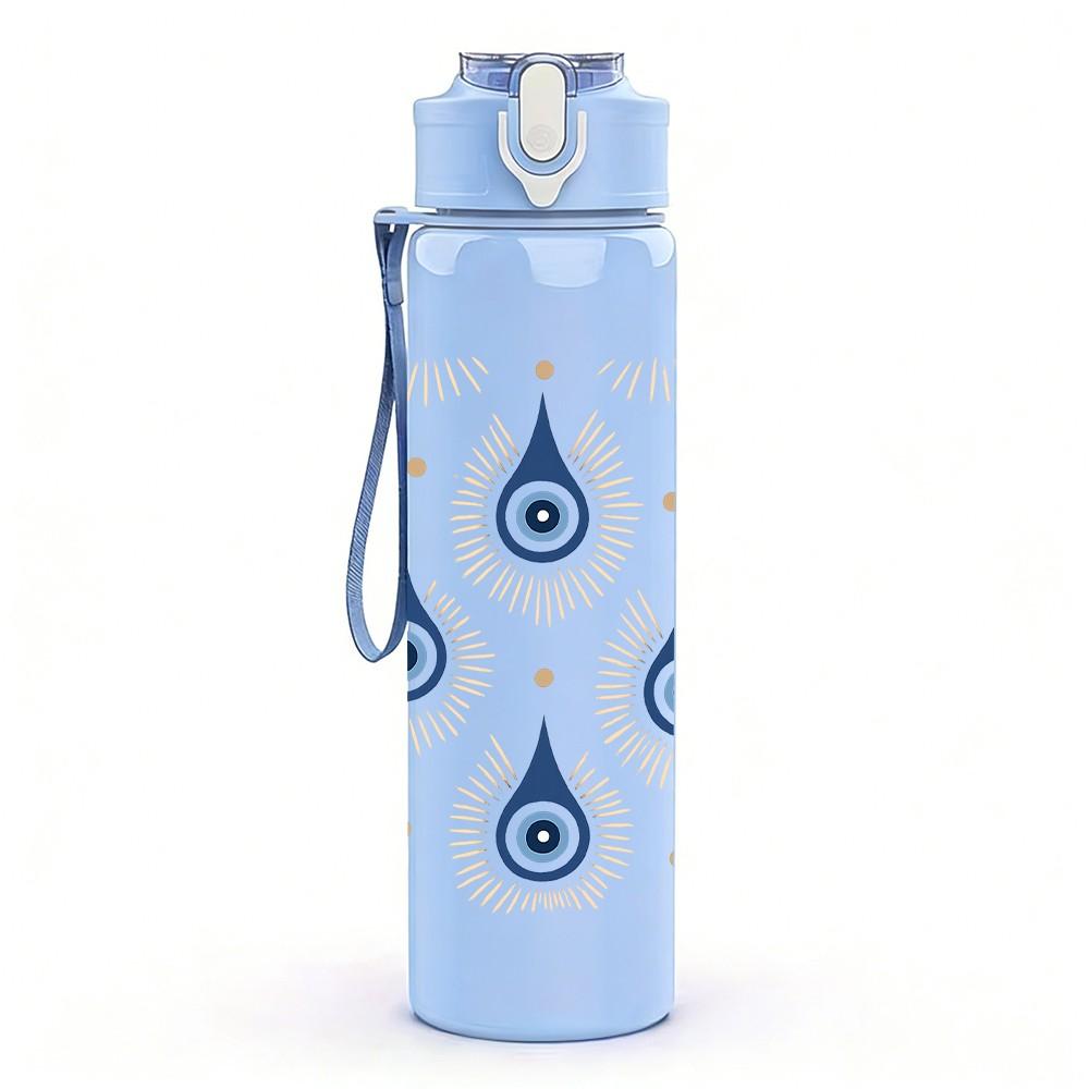 1PC Evil Eye Blue Drop Repeat Pattern 750ml Color Plastic Sports Water Bottle Leakproof Flip Straw Lid Suitable for Sports Office Home Use