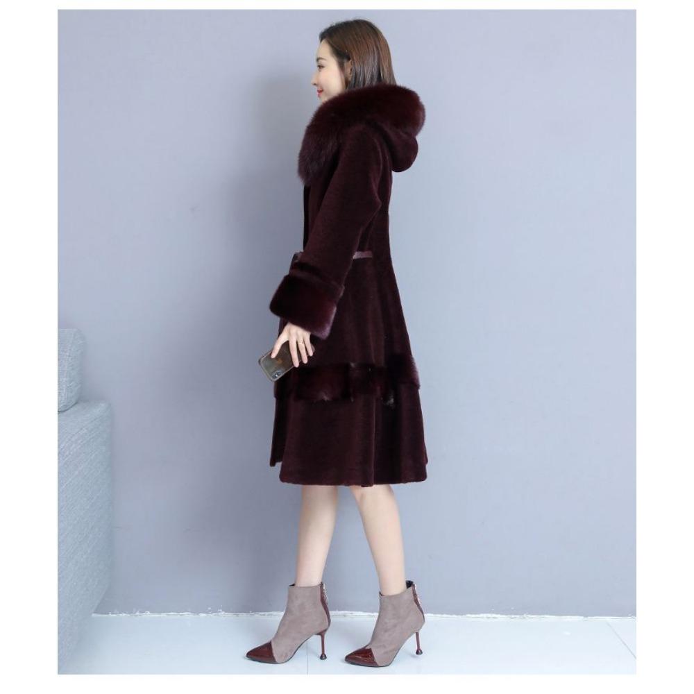 Fur Sheep Shearling Coat Women's New Winter Mother Fox Fur Hooded Thickened Coat Mid-length