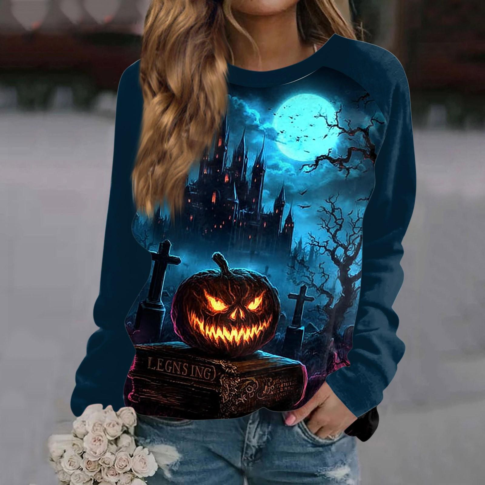

Women s Fashion Casual Long Sleeve Halloween Printed Round Neck Sweater Top M синий
