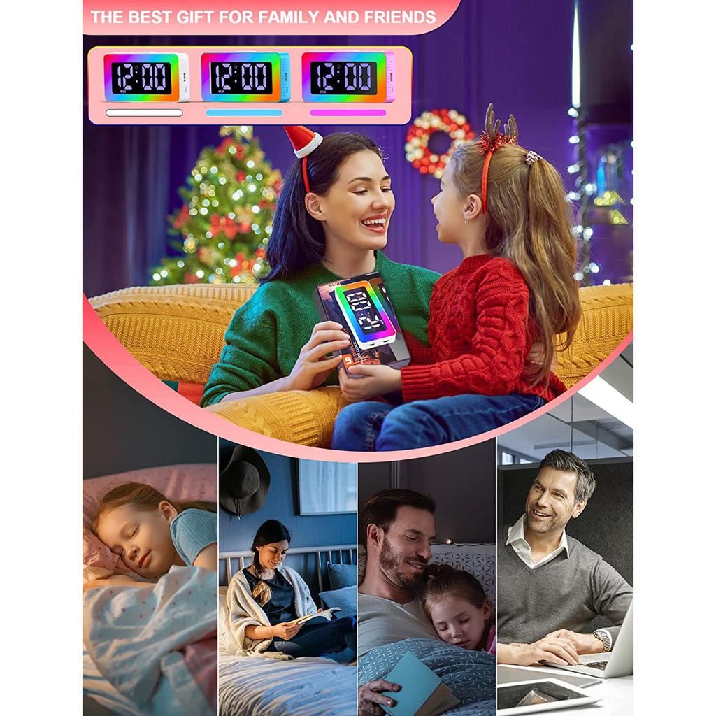 Digital Alarm Clock LED Desktop Clock Large Display USB Powered 8 LED RGB Night Light Electronic Clock for Bedroom