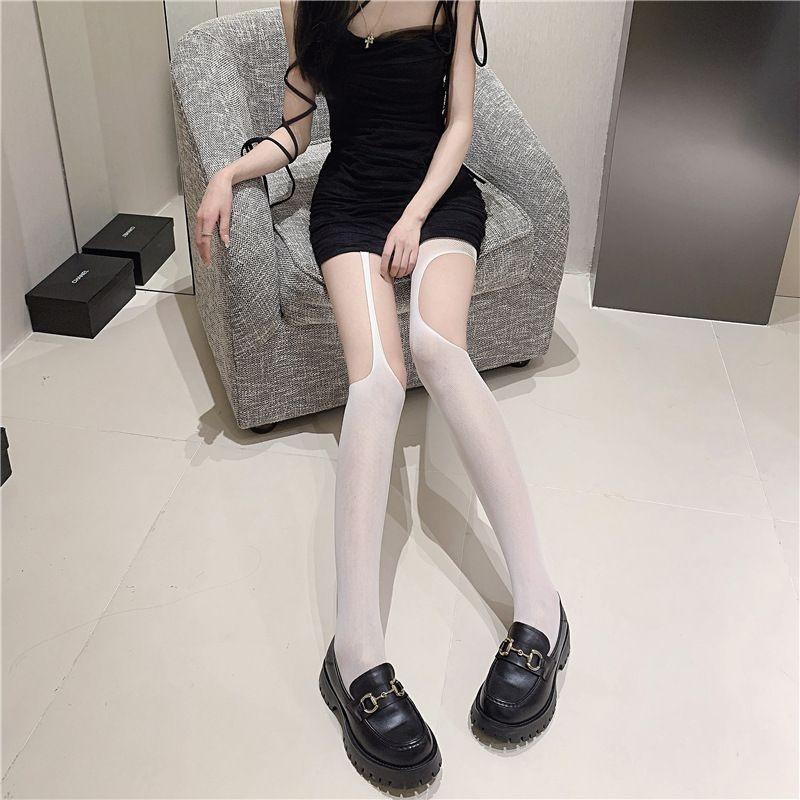 Asymmetrical Suspenders Black Stockings Children Sexy Side Ripped Hollow Fishnet Socks Thin Pure White Pantyhose one size fits all белый