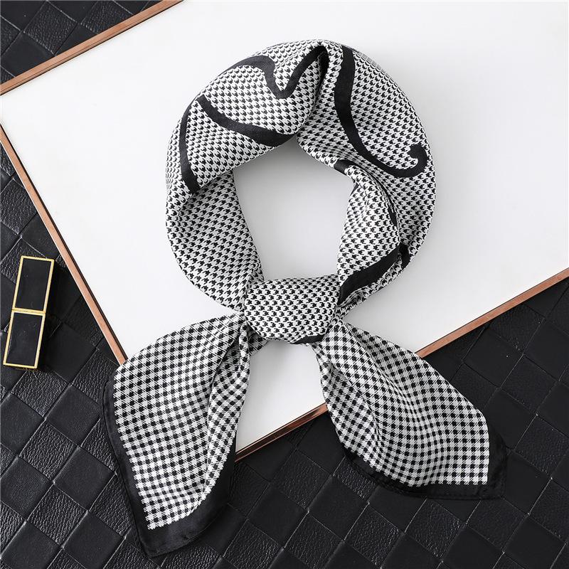 Thousand Birds Plaid Scarf Simulation Silk New Spring and Summer Sunscreen Shawl Decorative Scarf Temperament Square Scarf 71cm Tie Hair