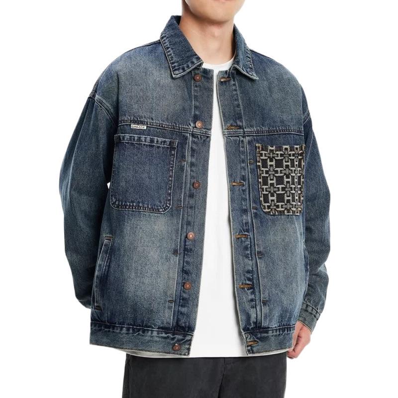 Men's Autumn Patchwork Denim Jacket: Precision Embroidery, Loose Fit, Plus Size Workwear Design.