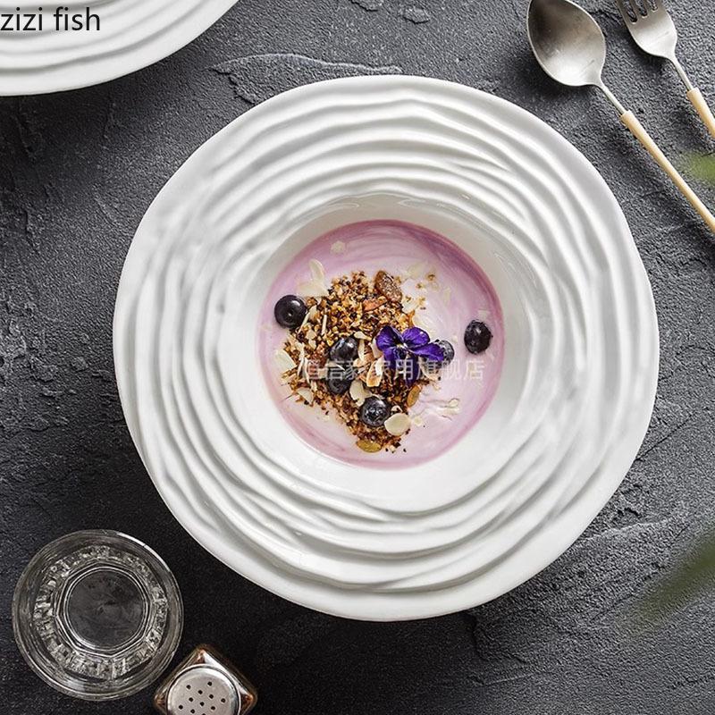 Pure White Ceramic Water Wave Pattern Deep Plate Salad Plate Dessert Plate Pasta Plates Molecular Cuisine Specialty Tableware