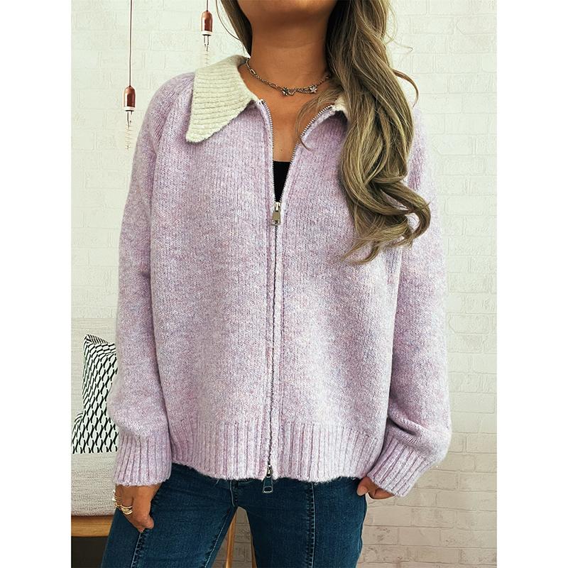 Women s Autumn Winter Color-block Turn-down Collar Zipper Cardigan Coats Women Fashion Casual Loose Knitted Sweater Jackets L фиолетовый
