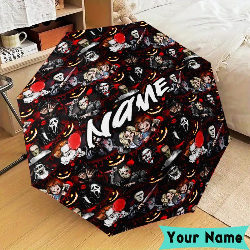 Custom Name Ghostface Horror Theme Umbrella, Foldable Umbrella Suitable for Outdoor Shopping Travel Sports, Exquisite Gift for Family