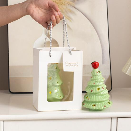Lighted Ceramic Christmas Tree Small Xmas Tree Figurine with Fruit Tree Topper Holiday Tabletop Centerpiece for Home Mantel Shelf Fireplace Decor