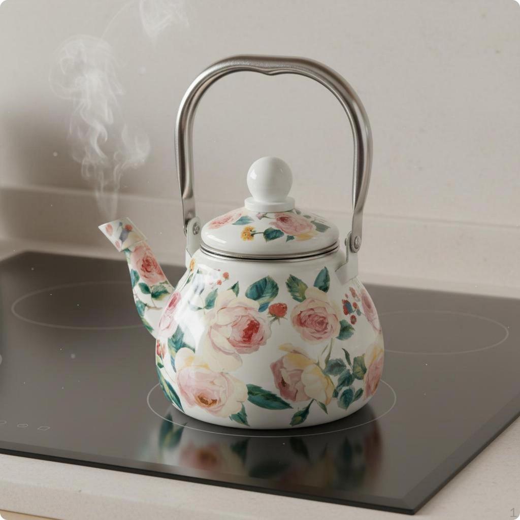 1L Enamel Kettle Induction Compatible Mini Stovetop Easy To Clean Floral Teapot