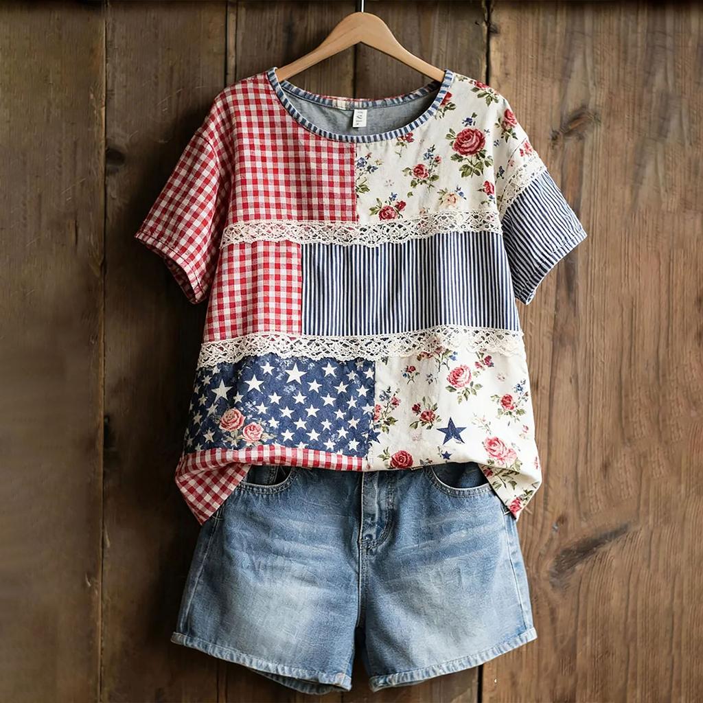 Women's American Floral Patchwork Print Casual T-Shirt 250Th Anniversary USA Shirt Patriotic Tshirt