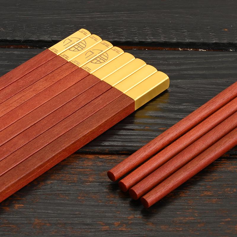 Gold & Silver Thread Red Sandalwood Chopsticks with Engraved Logo - Gift Box for Household & Hotel Use