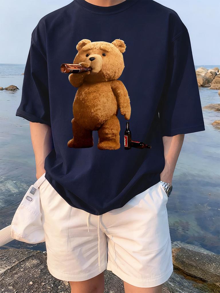 The Melancholic Bear Drinking Printing TShirt Women Cotton Summer T Shirt Comfortable Loose ONeck Tops Street Woman Clothes