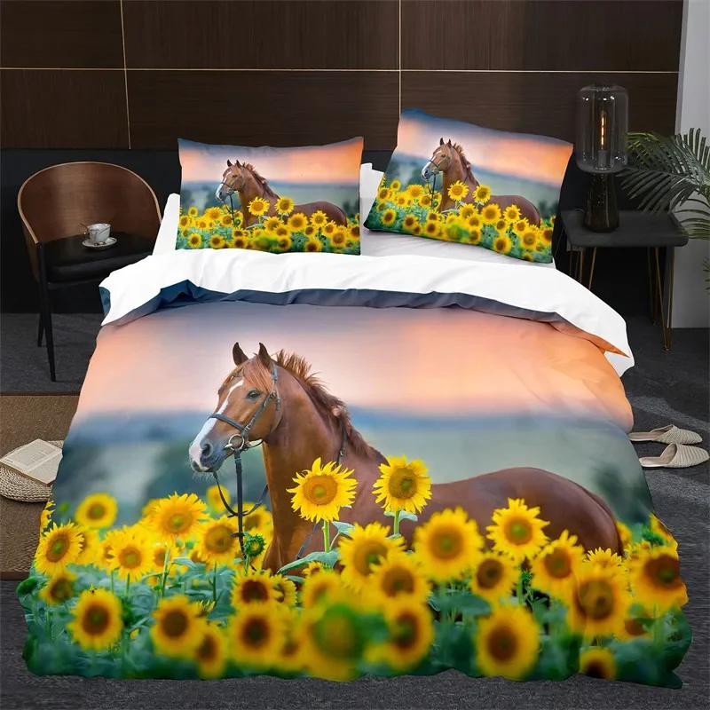Horse Duvet Cover Western Cowboy Farmhouse Animal Bedding Set Soft Sunflower Floral Comforter Cover Twin Queen For Boys Girls