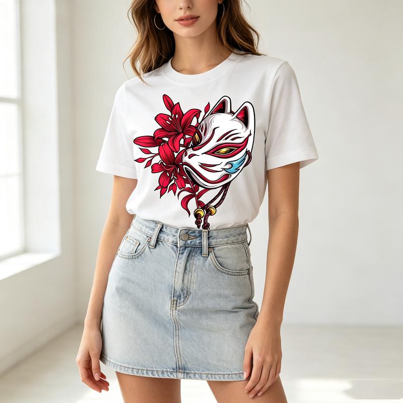 Japanese Fox Mask Tee Red Flower Art Print Unisexs Casual Short Sleeve T Shirt Unisex 100Cotton Harajuku Oversized Tee