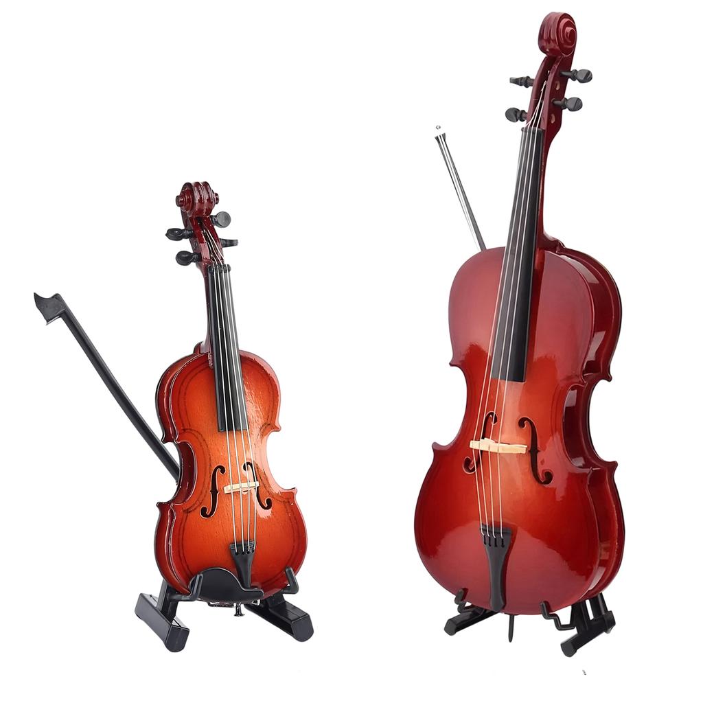 2 Pack Wooden Mini Musical Instrument Violin Realistic Mini Cello Instrument Model for Desk Shelf Decor Ornaments Gift Idea