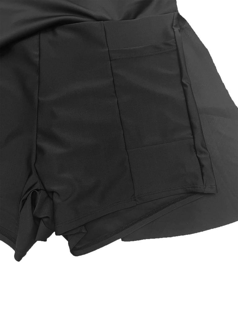 2026 Czarny Kostium Kąpielowy w Stylu Spódnicy Plus Size z Wysokim Stanem, Zachowawcze Szorty Deskorolkowe i Kieszenią