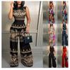 Women's High Neck Sleeveless Jumpsuit Slim Fit High Waist Casual Tie Dye Floral Print Wide Leg Romper