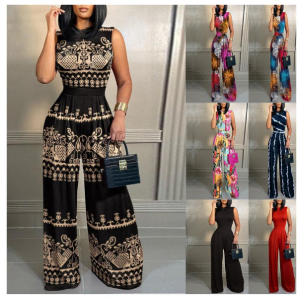 Women's High Neck Sleeveless Jumpsuit Slim Fit High Waist Casual Tie Dye Floral Print Wide Leg Romper