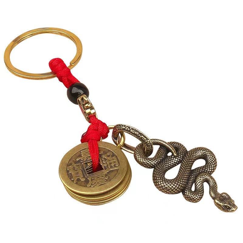 Pure Brass 12 Zodiac Keychain Pendant Five Emperors Money Lucky Key Ring Accessories Creative 3D Birth Year Women Men Bag Pendant New Year's Day Gifts