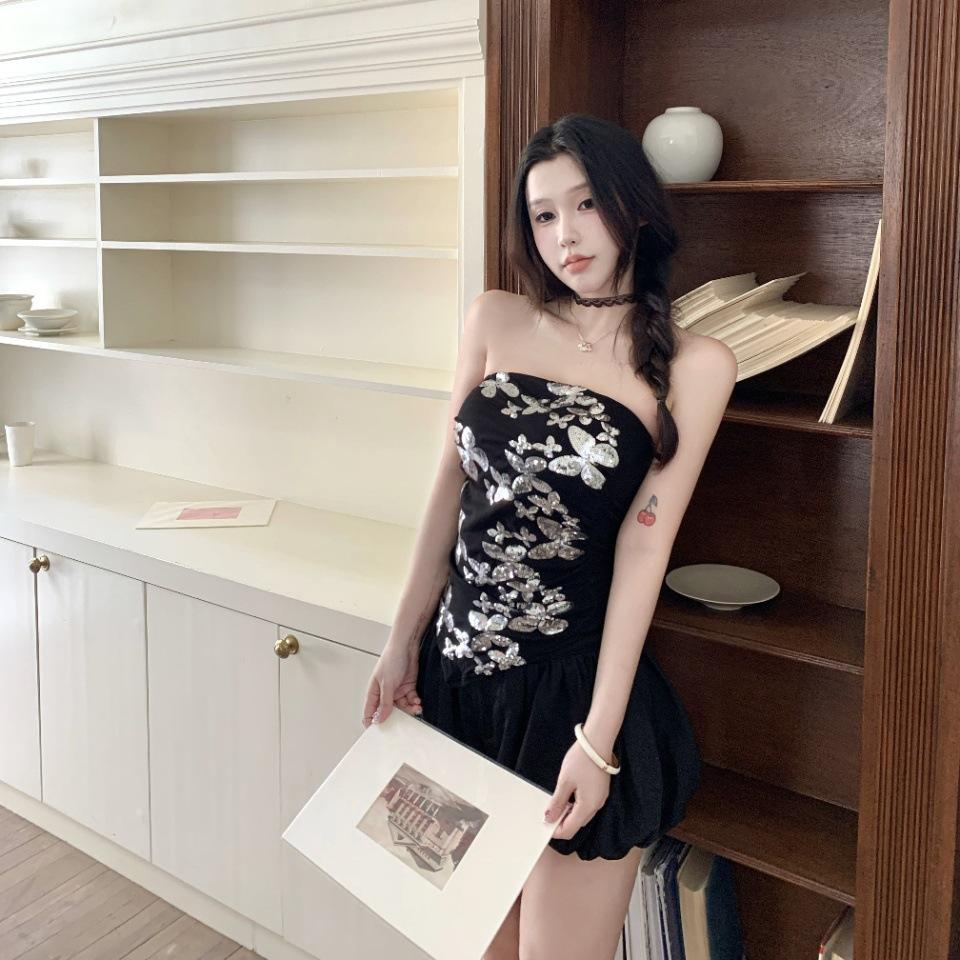 #Summer new pure desire wind bead sheet embroidered tube top slim and thin women's fixed top with chest pad