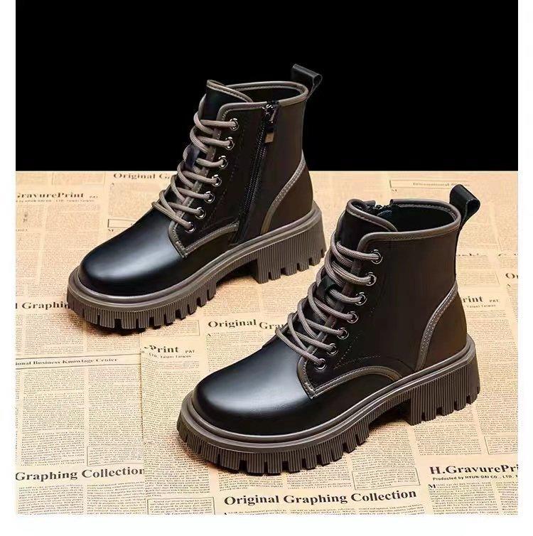 New Chinese Martin Boots Women's New 2025 British Autumn and Winter Velvet Single Boots Thick-soled Short Boots Super Fire Heightening Short Boots