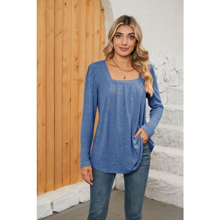 

Весенне-осенняя женская блузка, плиссированный однотонный топ с квадратным вырезом и длинными рукавами XXL сапфировый